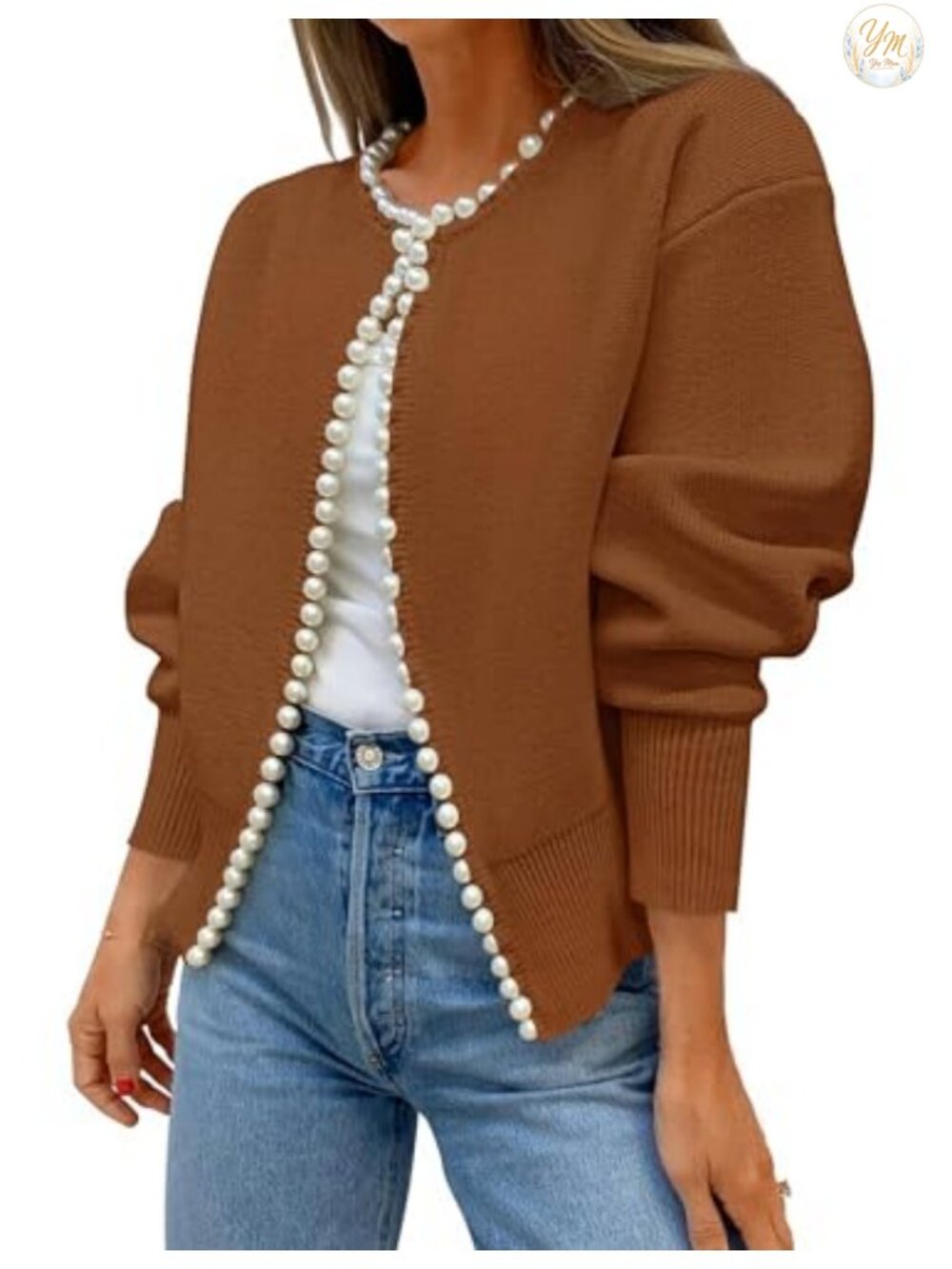 Pearl Trim Open Front Cardigan Sweater Ribbed Knit Long Sleeve